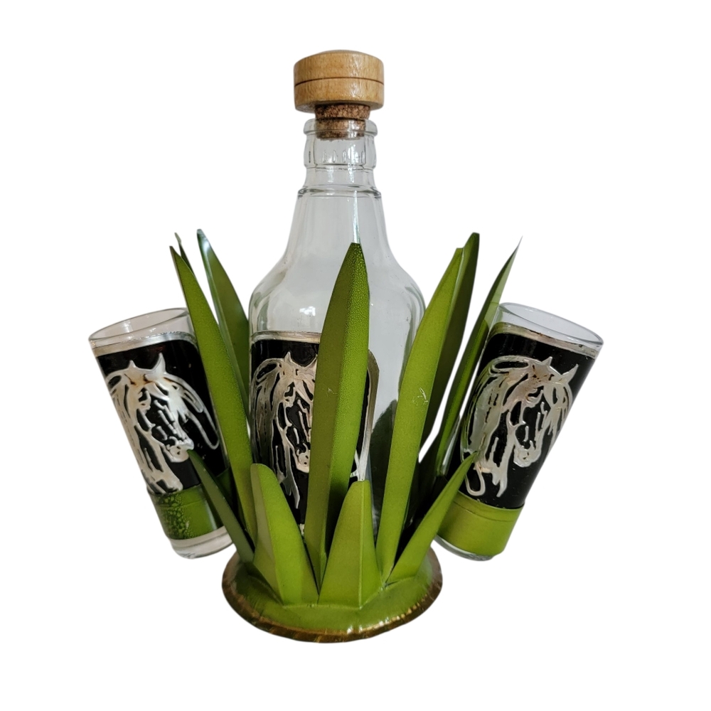 Mexican Tequila Horse Equestrian Decanter Shot Glasses Agave Stand 4pc Barware